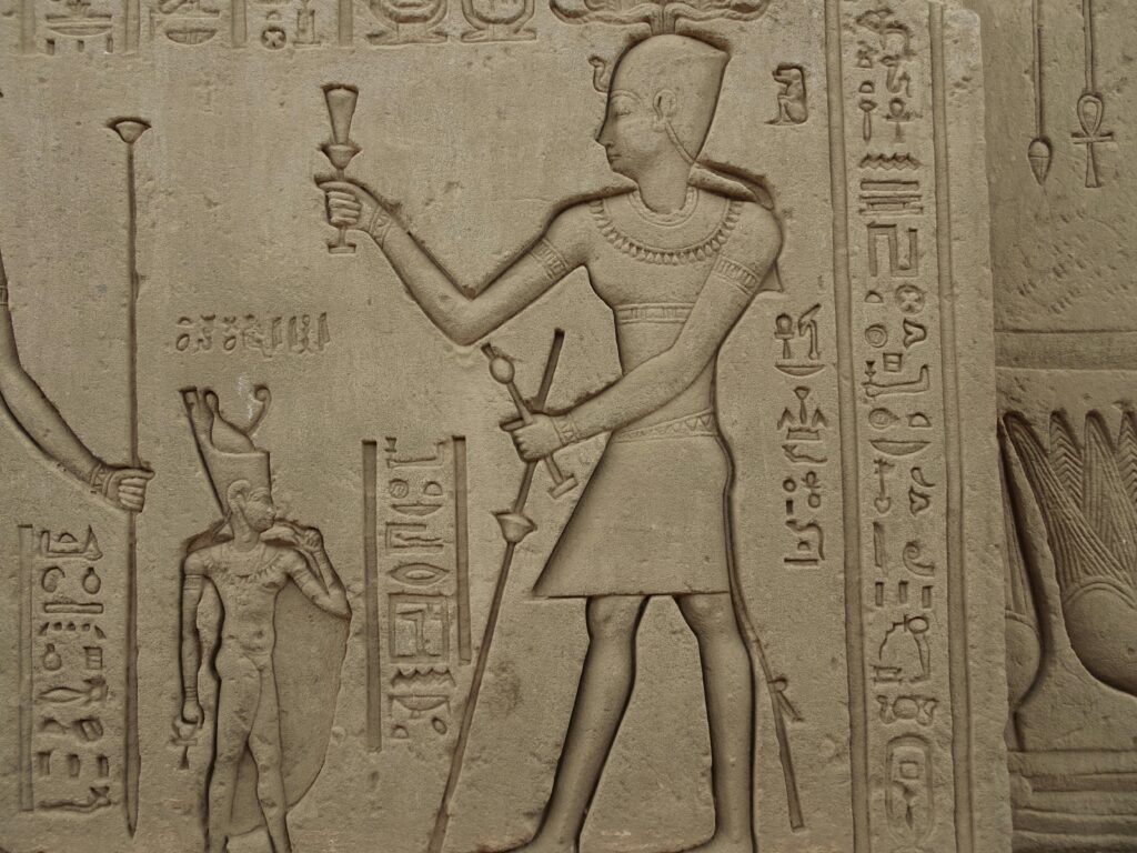 Close-up of detailed hieroglyphs and carvings on an ancient Egyptian temple wall, depicting historical symbols.